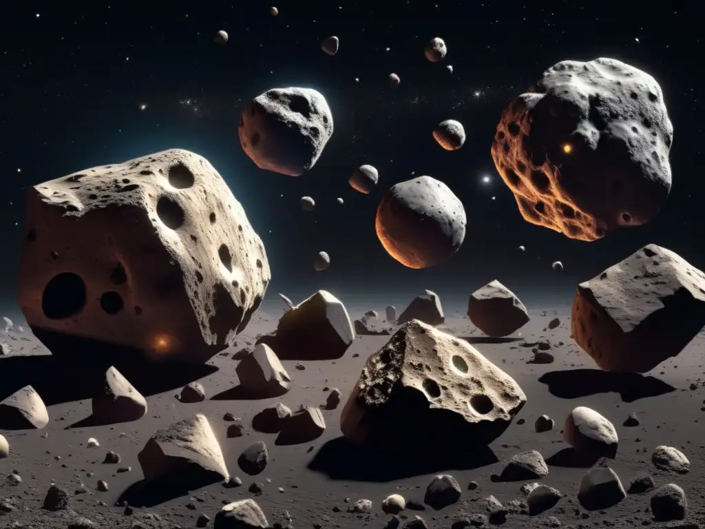 A breathtaking photo of a cosmic jumble of asteroids against a black backdrop, showcasing intricate textures and patterns