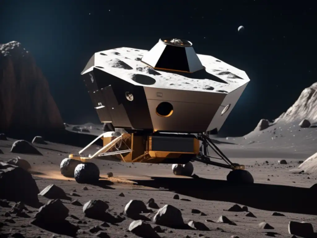 Epic Photorealistic Asteroid Landing: Spacecraft on Rugged Albion A mesmerizing photorealist depiction of a spacecraft gracefully landing on Asteroid Albion
