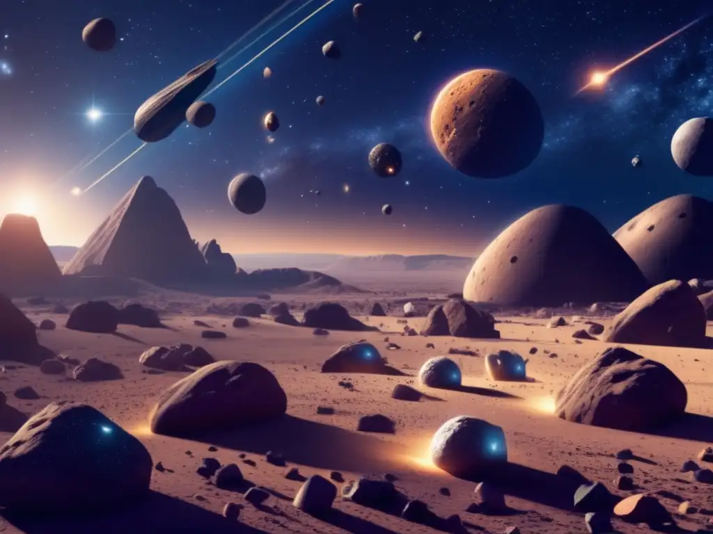 Photorealistic image of an asteroid belt with asteroids flying through it, some with rocks and debris scattered across their surfaces