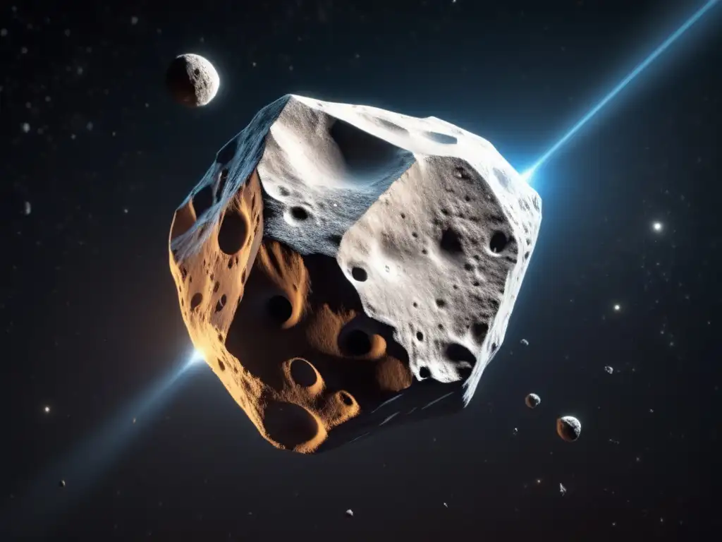 A stunning black and white alien world comes into focus as the light illuminates the surface of a 500-liter asteroid, revealing its intricate surface texture, edgy edges, and otherworldly beauty