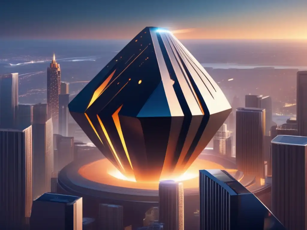 Glowing Asteroid Illuminates Diverse Modern Cityscape A stylized asteroid, with intricate details and precise shading, floats above a modern metropolis depicted in a photorealistic style