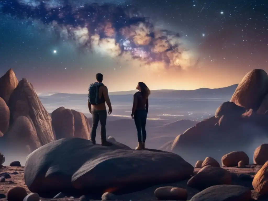 Starry Spacesuits: A Photorealistic Image of a New Frontier *A photorealistic image of a male and female astronaut standing on a rocky asteroid, surrounded by a breathtaking view of starry space