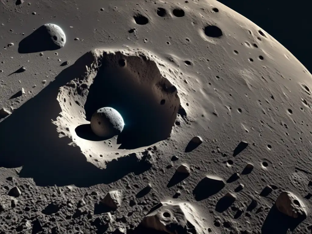 A highly detailed image capturing the vast, rugged surface of Asteroid Lycaon, viewed from a bird's eye perspective
