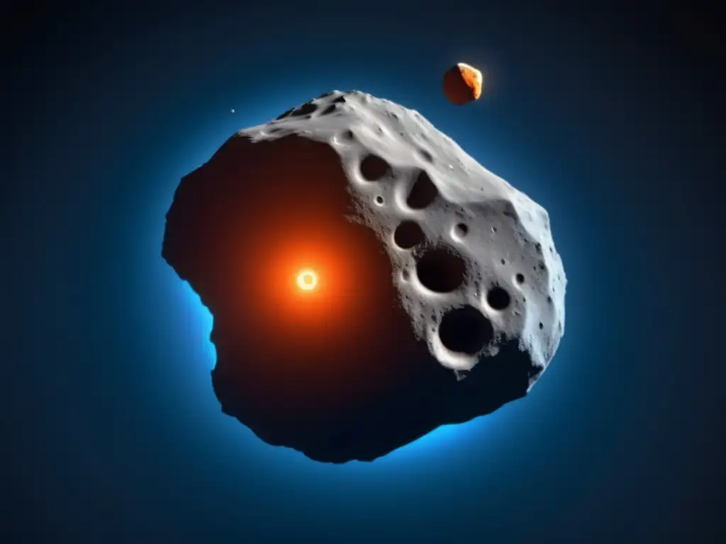 A photorealistic image of a small orange asteroid in a sky of increasing magnitude, surrounded by a faint blue hue representing gas