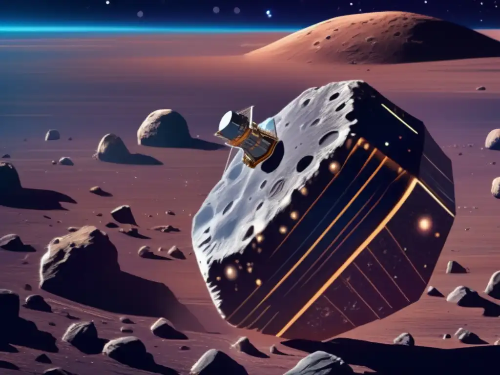 A breathtaking image of a spacecraft expertly navigating near a reddishbrown asteroid with intricate details