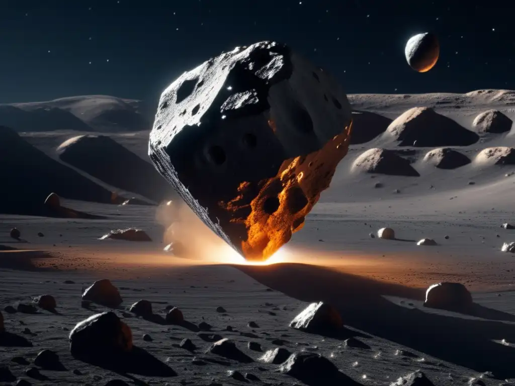Spacecraft Soaring around Asteroid: A Photorealistic Journey through Space A mesmerizing photorealistic depiction of a spacecraft expertly maneuvering around an intimidating asteroid in the boundless emptiness of space, showcasing the spacecraft's intricate design and reflective surfaces contrasting with the rugged surface of the asteroid, while emphasizing the exciting interplay between space and its celestial neighbors