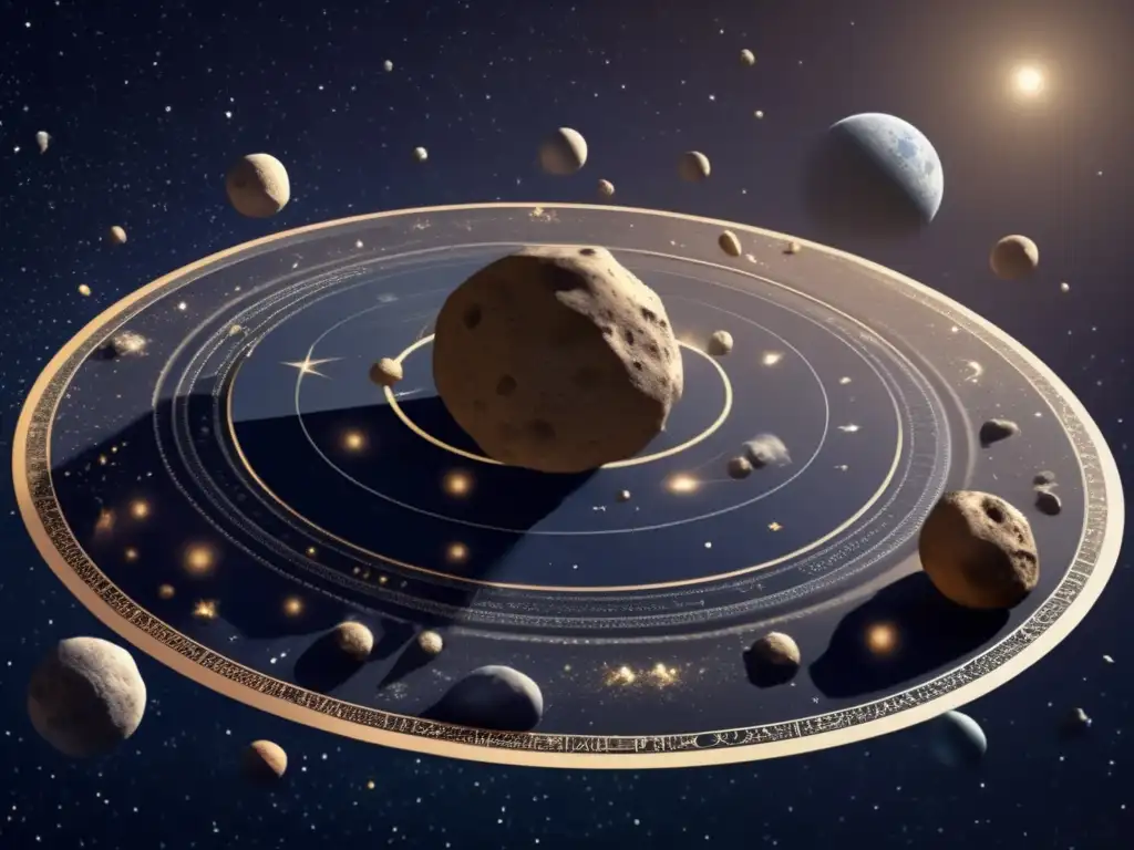 A celestial map rendered in photorealistic detail features asteroids from ancient Arabian legends, each represented by a meticulously modeled asteroidoid