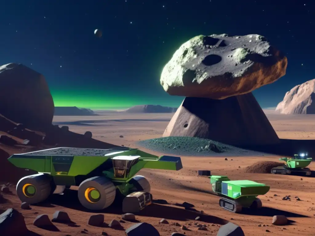 A captivating photograph of a vast asteroid, teeming with mining equipment such as drills, harvesters, and storage containers