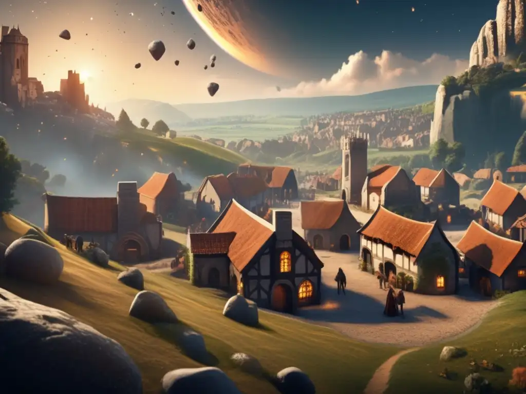 A breathtaking image of a medieval village in an asteroid field, taken from above in the sky