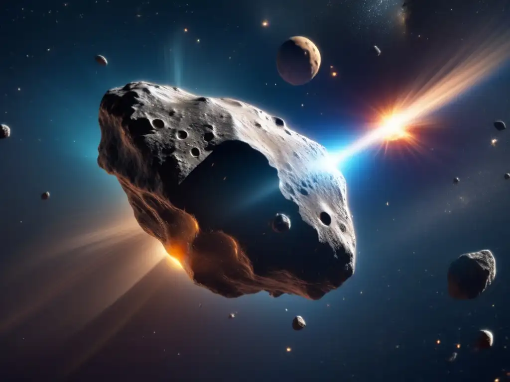 An otherworldly asteroid, draped in a shimmering metallic sheen, hovers amidst space, surrounded by a swirling vortex of cosmic dust and debris