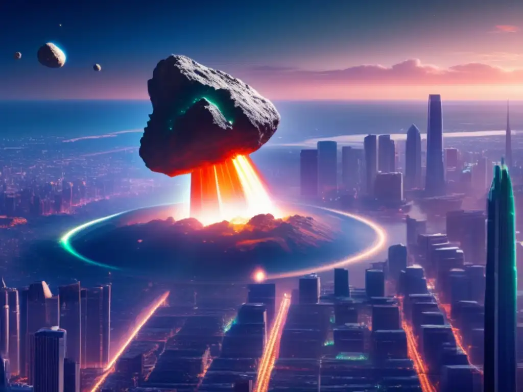Extraterrestrial Discovery Preview: Asteroid Photorealism A photorealistic depiction of an asteroid in a bustling metropolis, surrounded by towering skyscrapers and busy streets