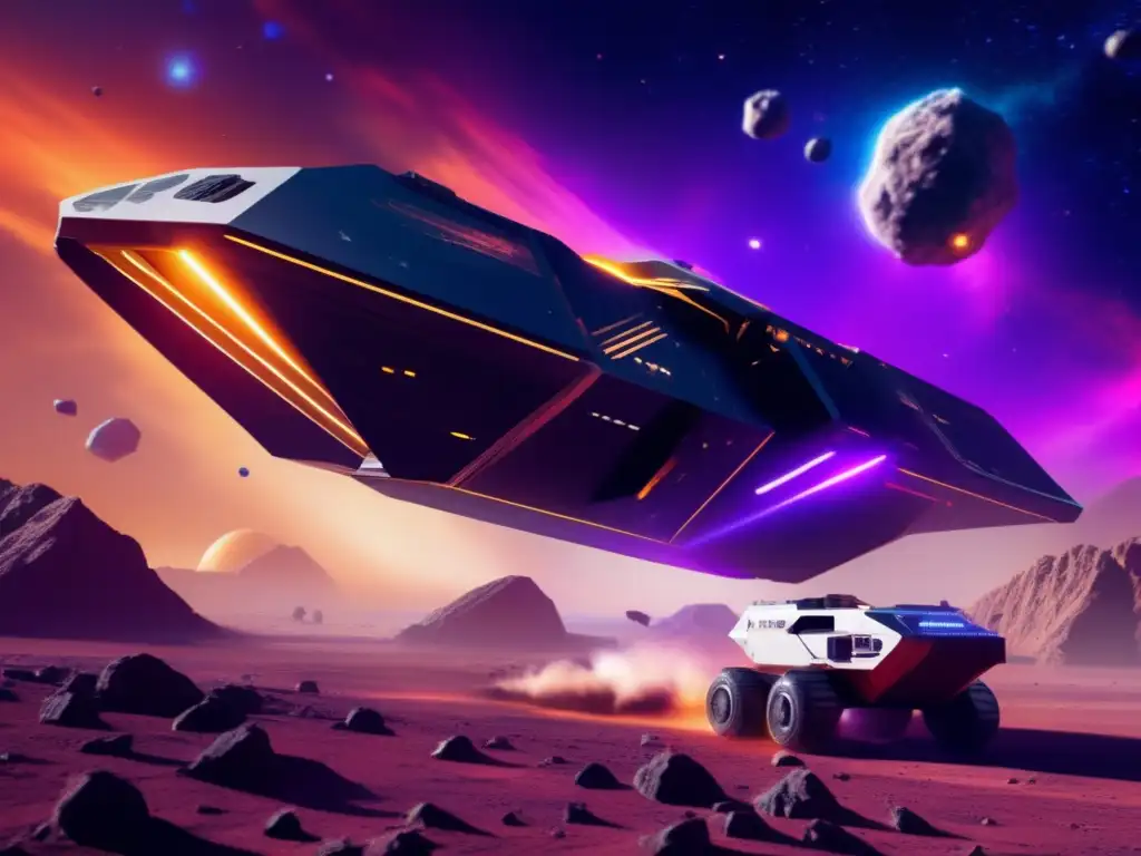 Futuristic Asteroid Mining Vessel Soaring Through Vibrant Nebula Futuristic asteroid mining vessel flying through a vibrant nebula, equipped with a beam weapon system that can break rocks apart for collection