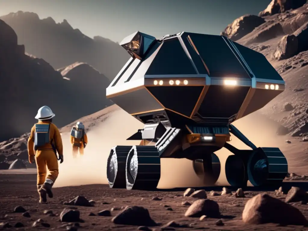 A series of photorealistic prospecting spaceships onboard a derelict asteroid mine, symbolizing humanity's pioneering spirit and resourcefulness
