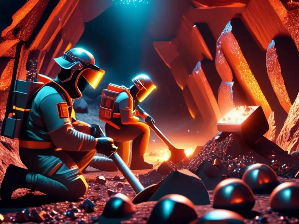 Asteroid Miners Unleashing Riches Underground A captivating close-up photorealistic image of a dedicated group of asteroid miners tirelessly mining valuable materials, surrounded by sparkling asteroids and advanced mining tools