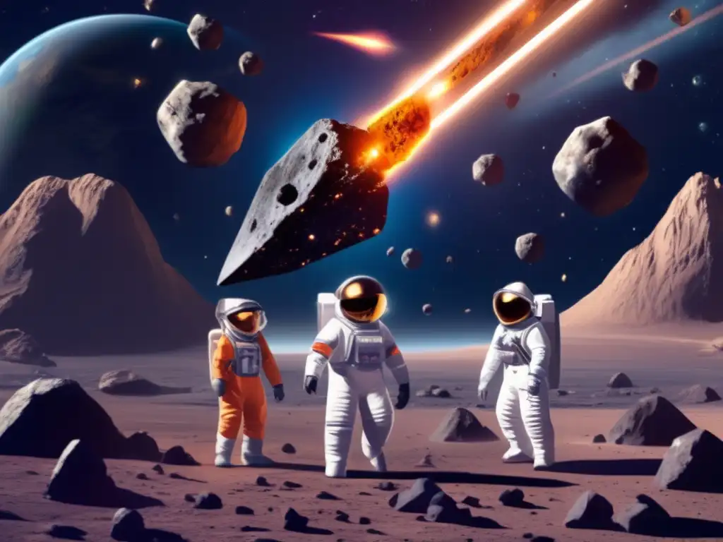 A stunning photorealistic image of a bustling asteroid mining operation in space, featuring a cluster of asteroids orbiting around Earth