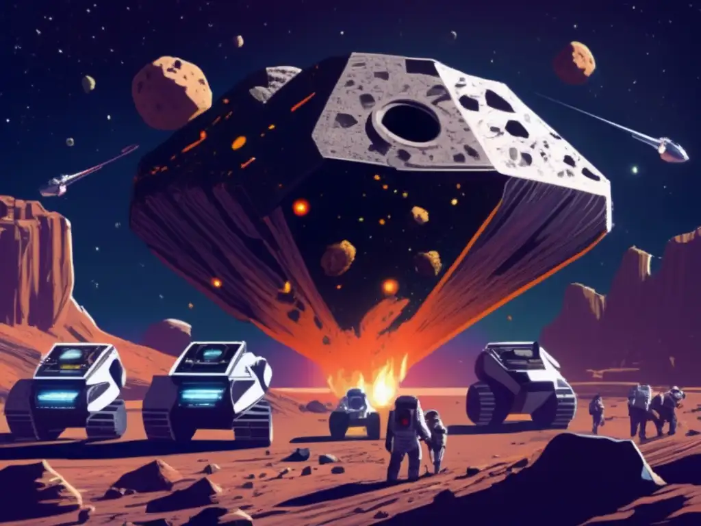 Epic space scene with a massive asteroid surrounded by mining ships extracting valuable resources from its surface