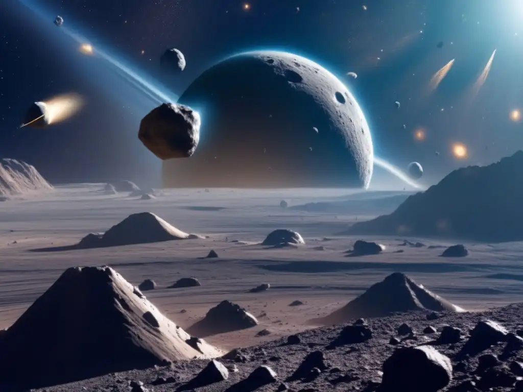 An awe-inspiring image of a vast asteroid belt, depicted with intricate craters and jagged features, viewed from above