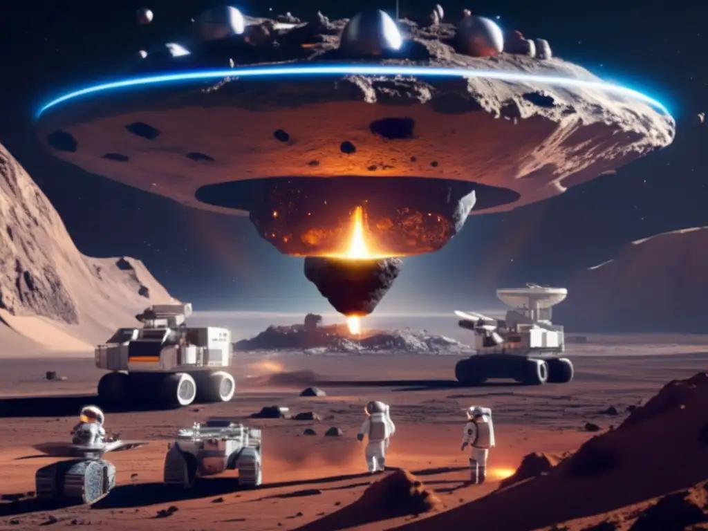Dash: Sustainable Resource Extraction 1 - An asteroid hovers above Earth, energy beam converging with a mining facility, surrounded by astronauts and small drones extracting resources