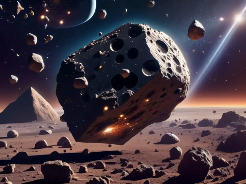 A stunning 8k photorealistic image of a vast asteroid field with a massive asteroid at its heart, surrounded by a mix of smaller asteroids, dust, and cosmic debris