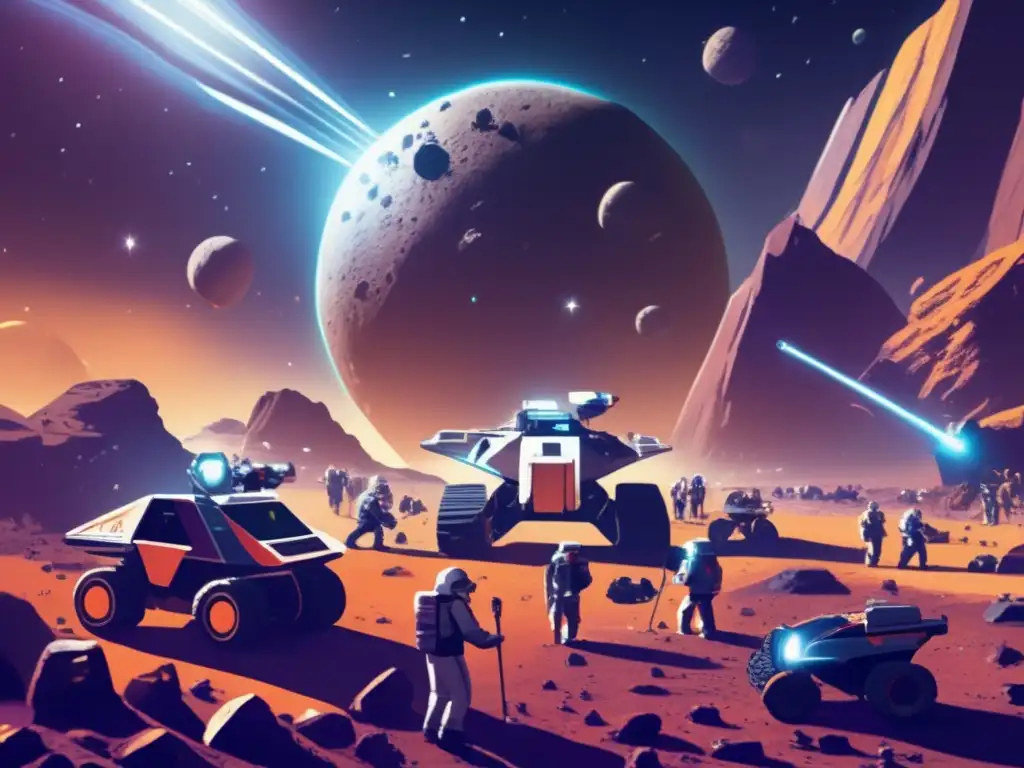 Image of a crowded asteroid mining colony where miners drill into the asteroid's surface