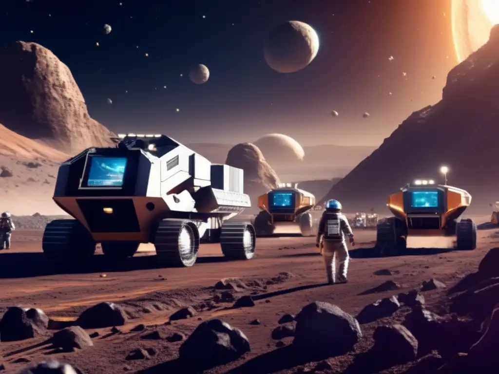 A bustling asteroid mining colony, with advanced machinery, conveyor belts, and space suits operating in a harsh, photorealistic environment