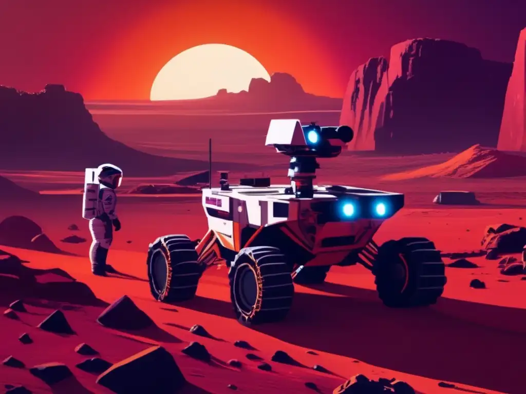 A breathtaking view of an asteroid mining colony, with dusky red skies and desolate terrain illuminated by the setting sun