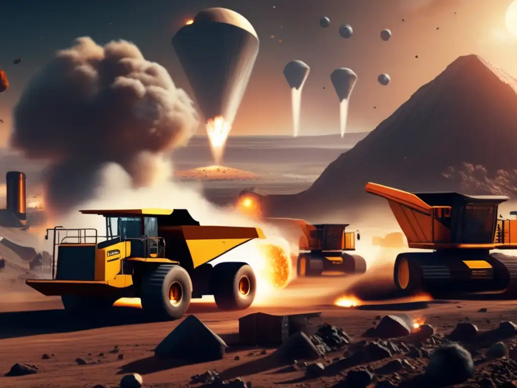The photorealistic image depicts an industrial mining compound, full of warehouse structures and large machinery