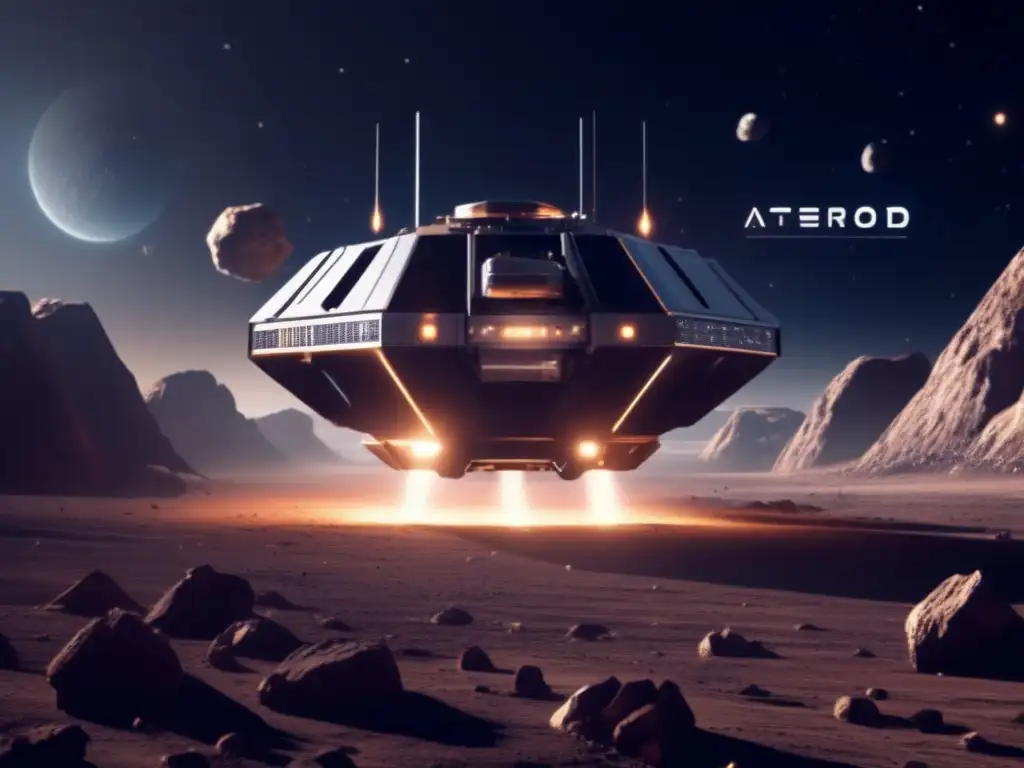 An asteroid mining spacecraft, hovering above a barren asteroid, radiating with pulsating lights