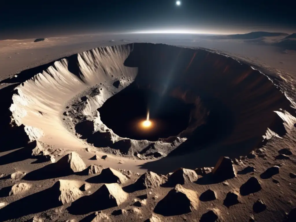 Unraveling the Asteroid: A Glimpse into the Past A photorealistic image of a dark and isolated area of the asteroid's surface, with a deep, narrow crater at the center
