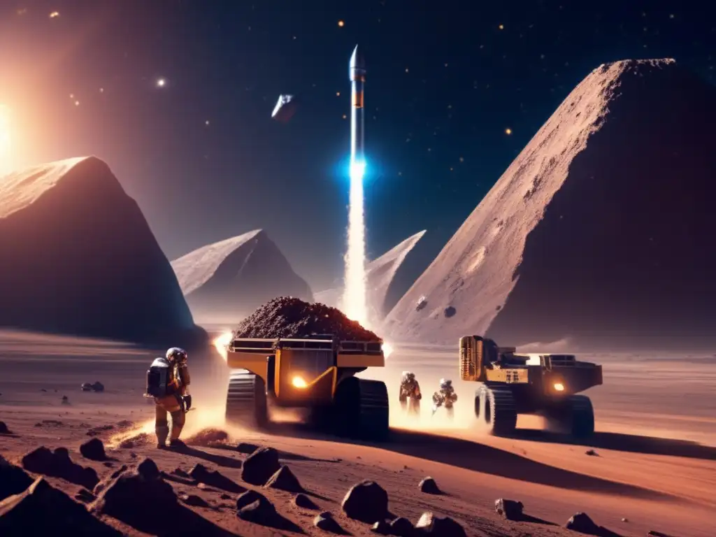 In the heart of space, an asteroid mining site thrives, with drills reaching deep into the asteroid