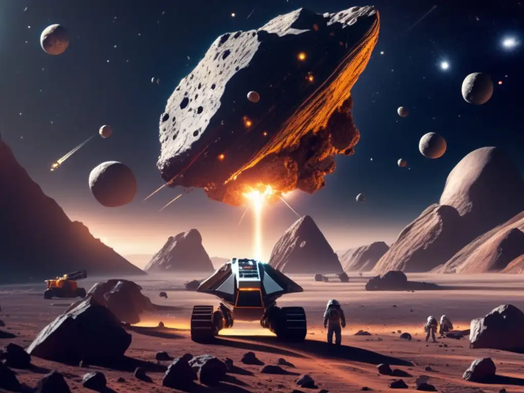 An breathtaking photorealistic image of an asteroid mining site