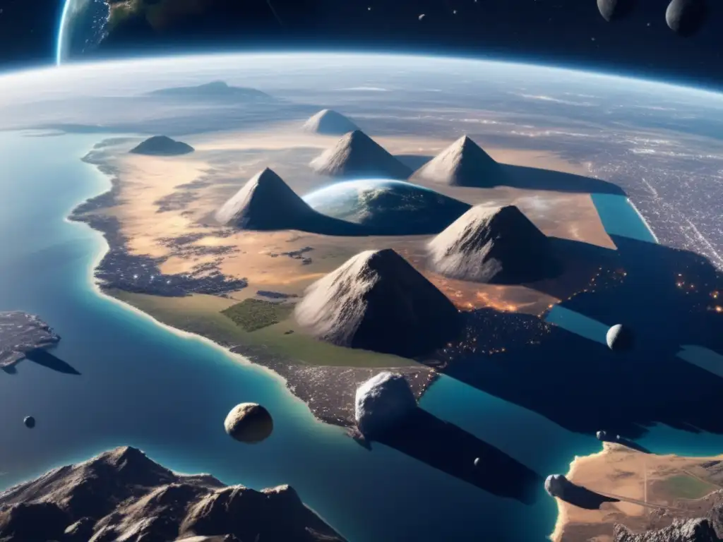 Photorealistic depiction of Earth's surface from space, with asteroid mining operations prevalent in the center