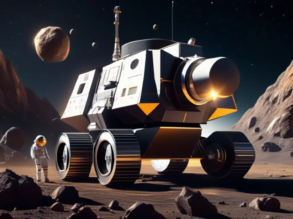 A highly detailed photorealistic image of an asteroid mining spacecraft exploring the surface of Asteroid Ascanius, with a focus on the innovative technology and industrial advancements made in space exploration