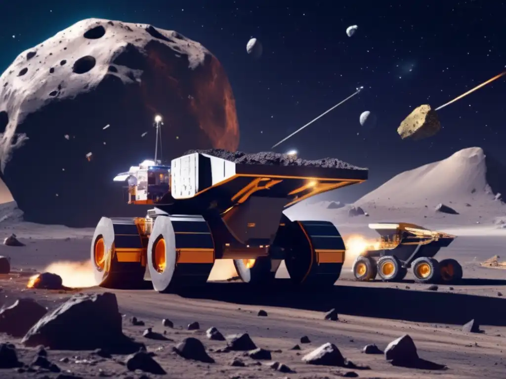 An awe-inspiring image of a mammoth asteroid in the vast expanse of space, encircled by state-of-the-art mining equipment