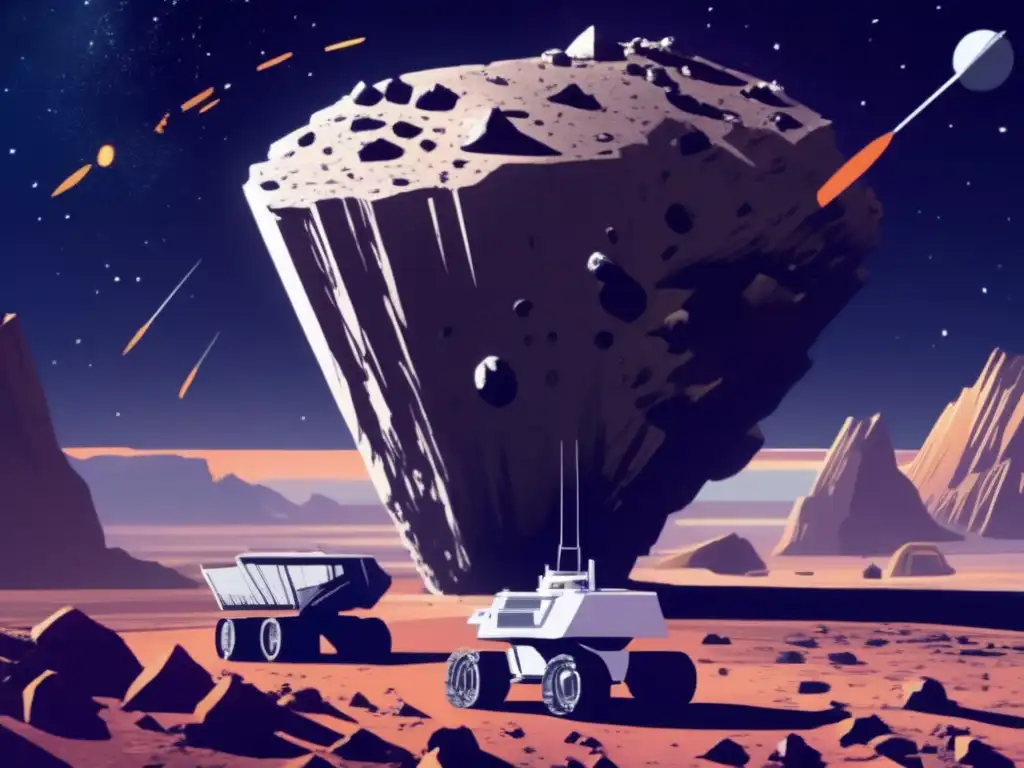 An extraordinary photorealistic depiction of a colossal asteroid, encircled by spacecraft and mining machinery