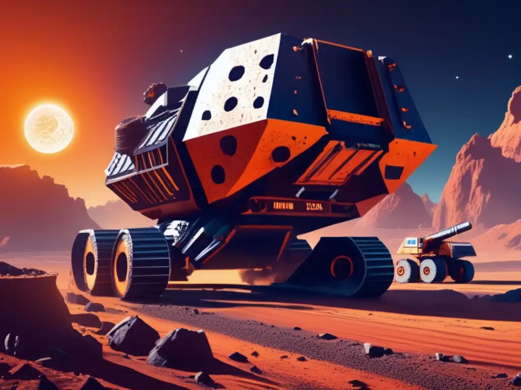 A massive asteroid, its rugged terrain & craters vividly illustrated, surrounded by various #mining equipment such as drills & carts