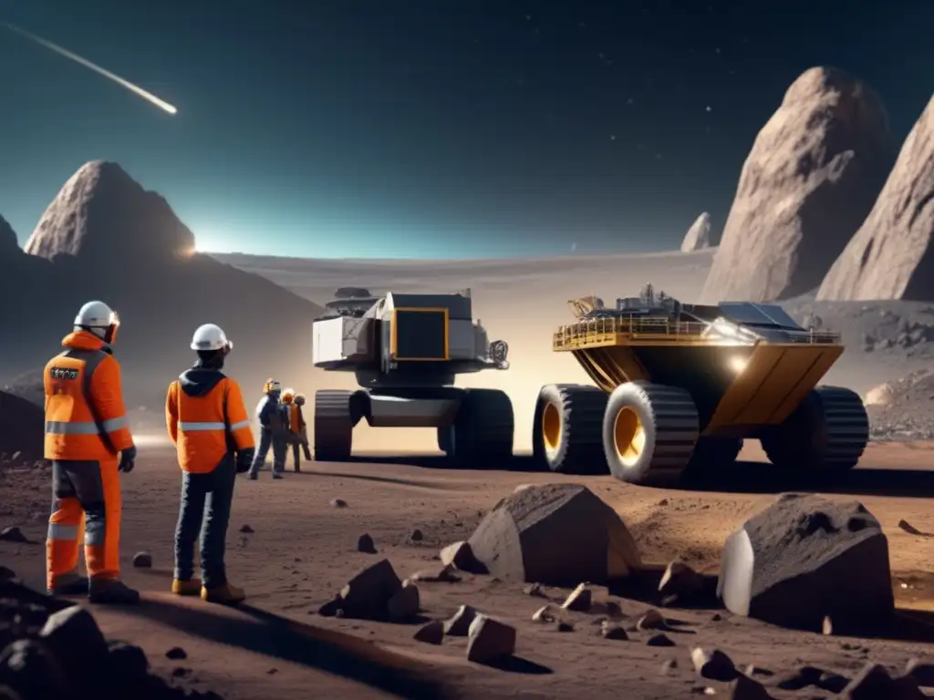 A moment of awe as people gather 'round an interstellar treasure trove - an asteroid mining excavation site, where future pioneers tread on cutting-edge technological advancements