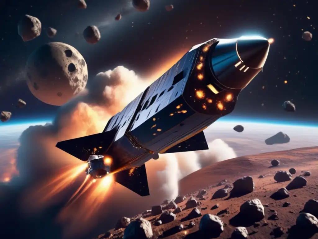 A breathtaking image of a spacecraft soaring through a sea of asteroids, brilliantly backlit by the Earth below