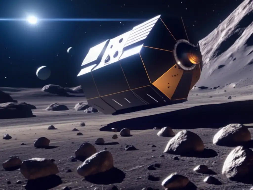A sleek asteroid miner ventures towards a colossal spherical rock in the void, drilling and scooping resources for exploration and progress