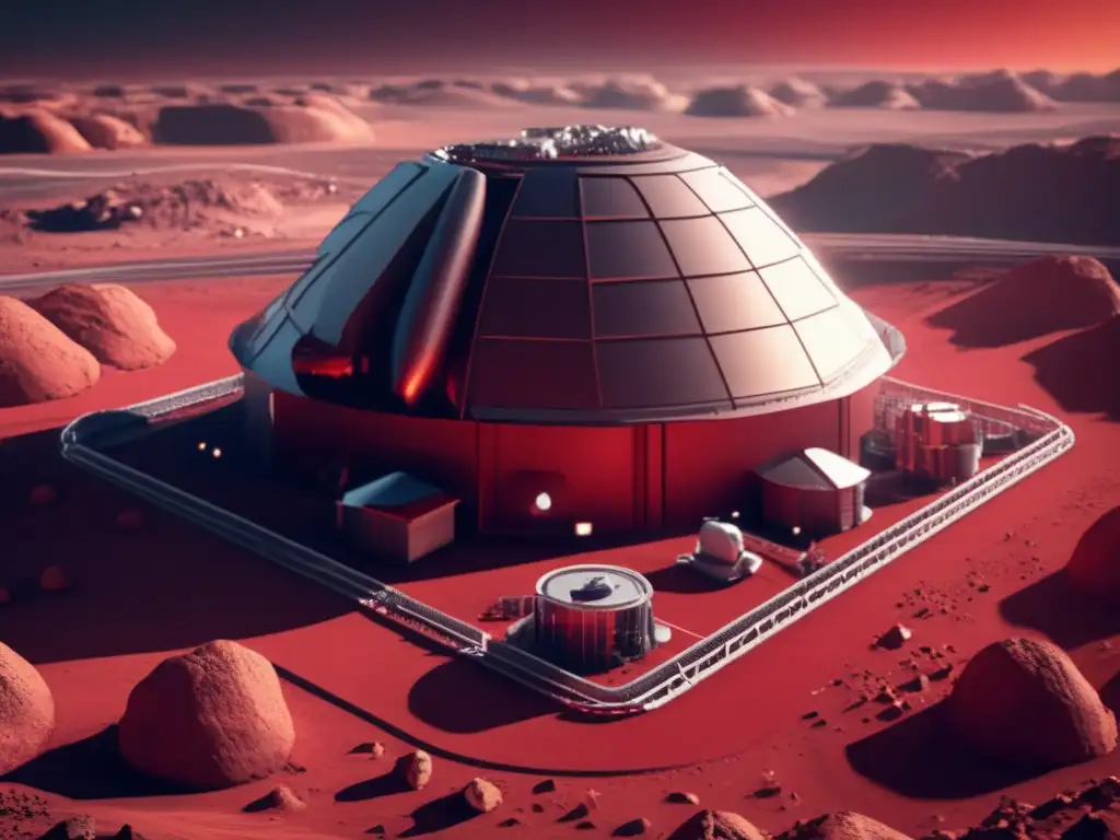 Inside Hollywood's $100 Million Asteroid Mining Facility A stunning 3D model of an asteroid mining facility in a red tint wasteland, surrounded by massive asteroids being mined for resources
