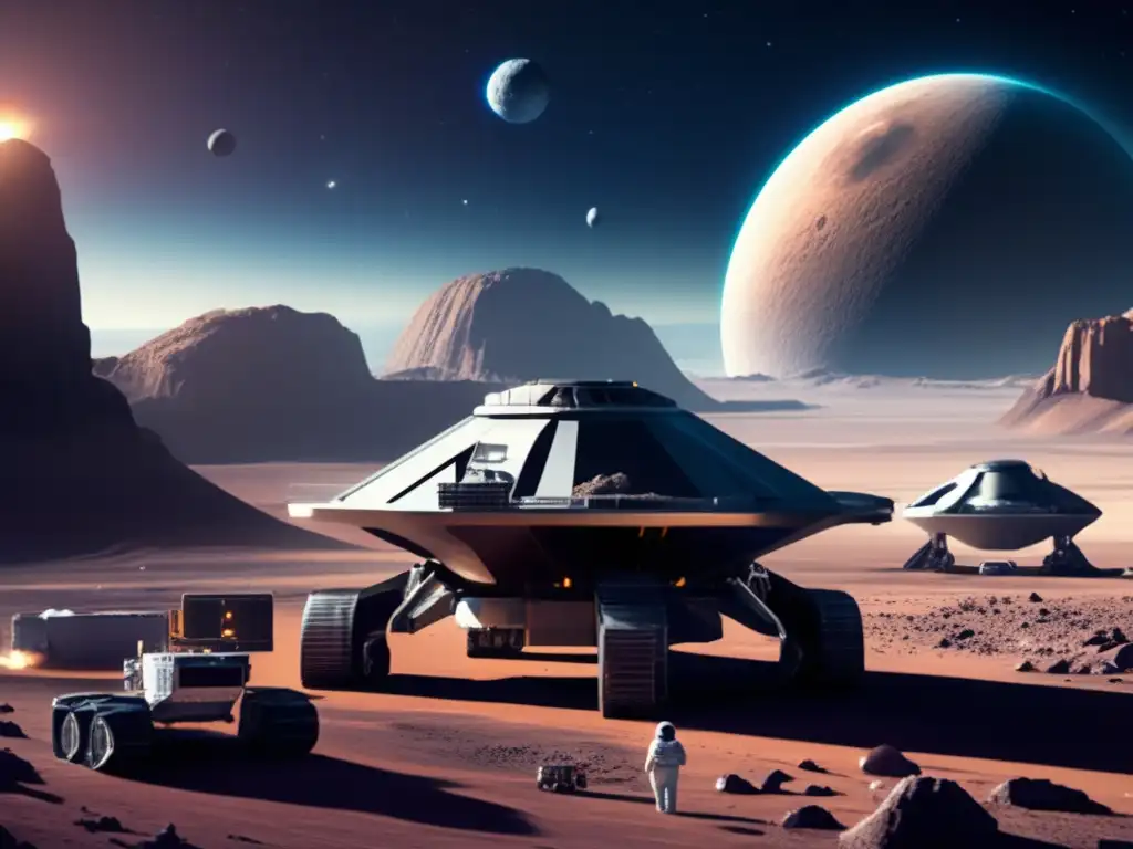Asteroid Mining: Futuristic harvest in desolate space A photorealistic depiction of an asteroid mining facility in a desolate, futuristic landscape