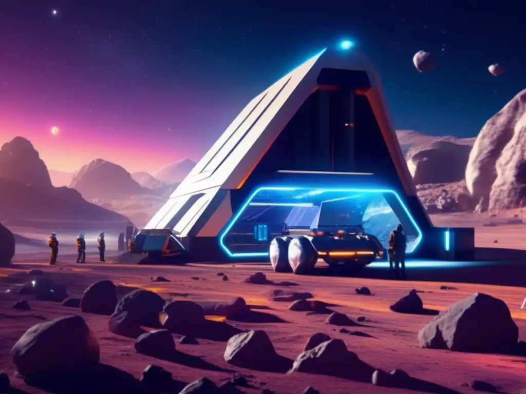 A photorealistic image of a cutting-edge asteroid mining facility owned by a prominent renewable energy corporation