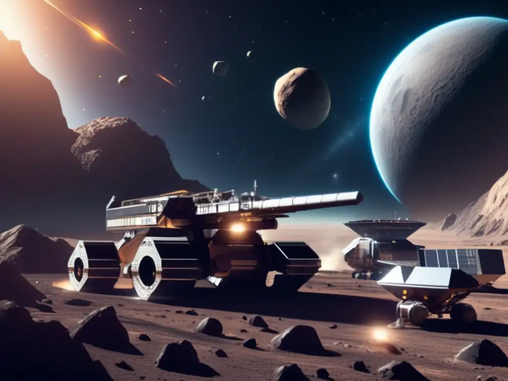 A breathtaking photo of a busy asteroid mining facility in space, where sleek ships and intricate machinery work together to extract valuable resources from the rocky surface