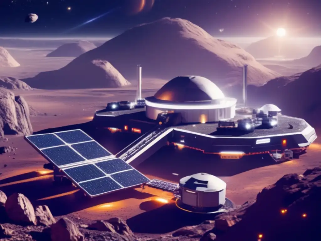 An image of a fully-operational asteroid mining facility nestled in a rocky, mountainous asteroid in deep space