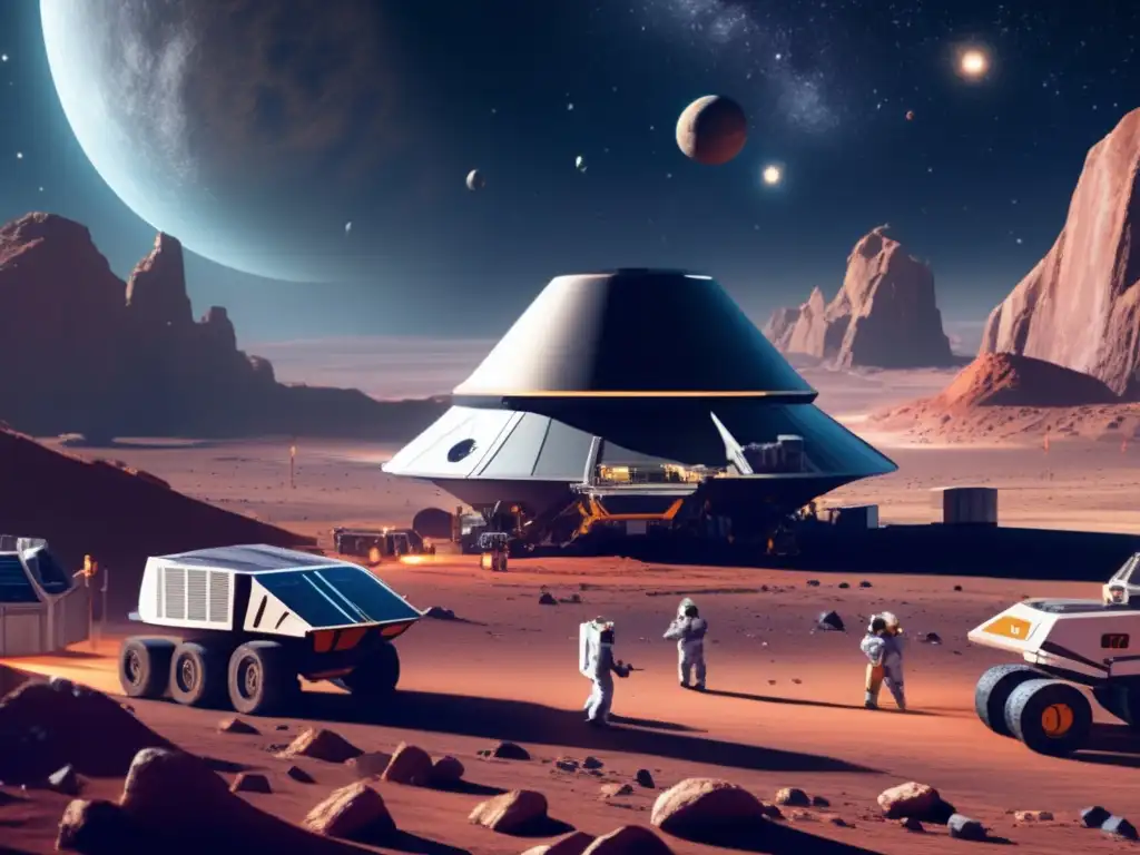 An breathtaking photorealistic image of an asteroid mining facility in the vast expanse of space