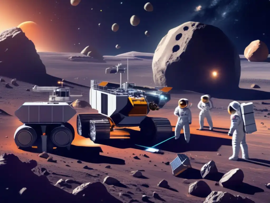 A dazzling cosmic panorama, an artistically rendered science fiction masterpiece showcasing a fully operational asteroid mining facility in space
