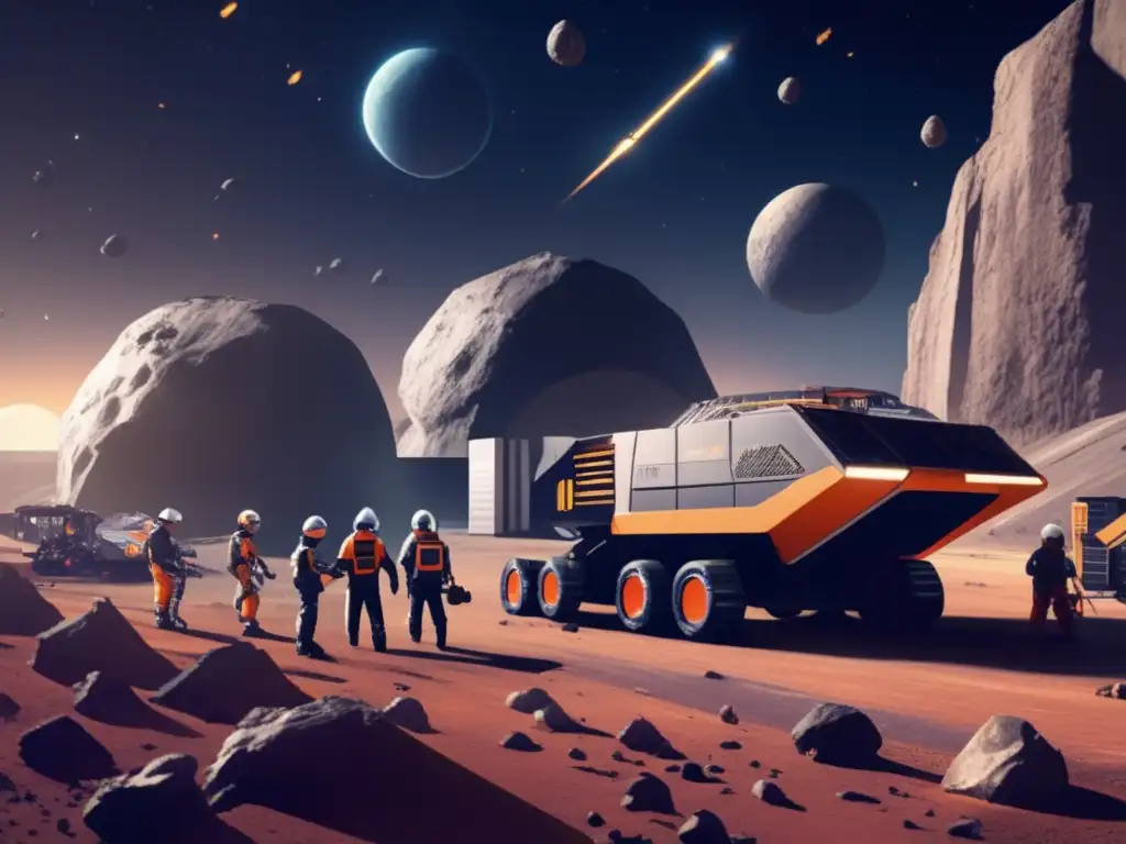 Amidst swirling asteroids, workers in specialized suits mine tirelessly at the futuristic facility