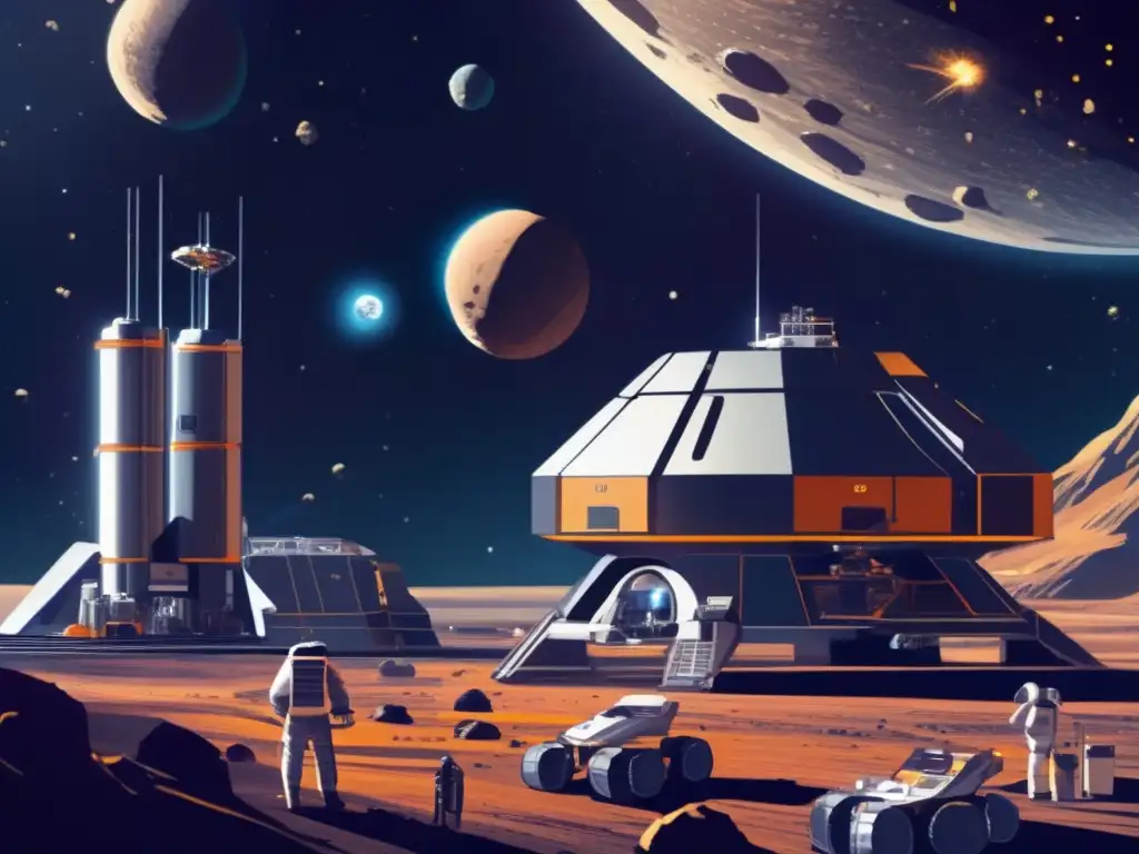 A stunning image of a futuristic asteroid mining facility in space, bustling with activity as various ships and equipment extract valuable resources from the asteroid's surface