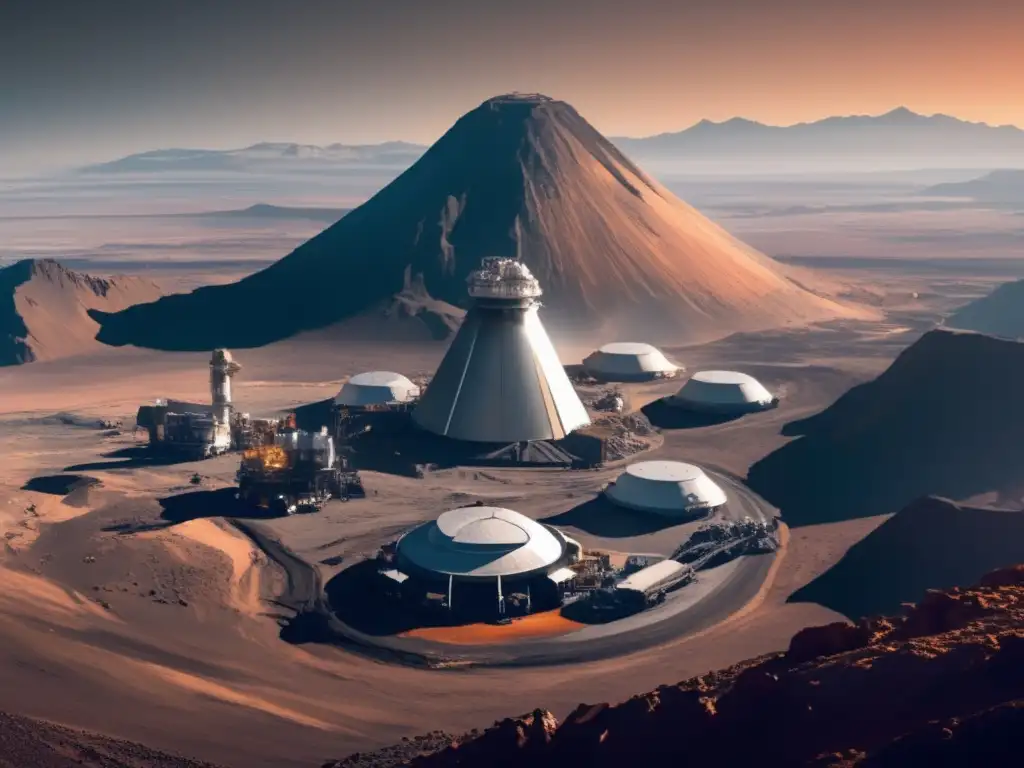 A breathtaking mountainscape with an asteroid mining facility perched on its peak, surrounded by an expansive crater
