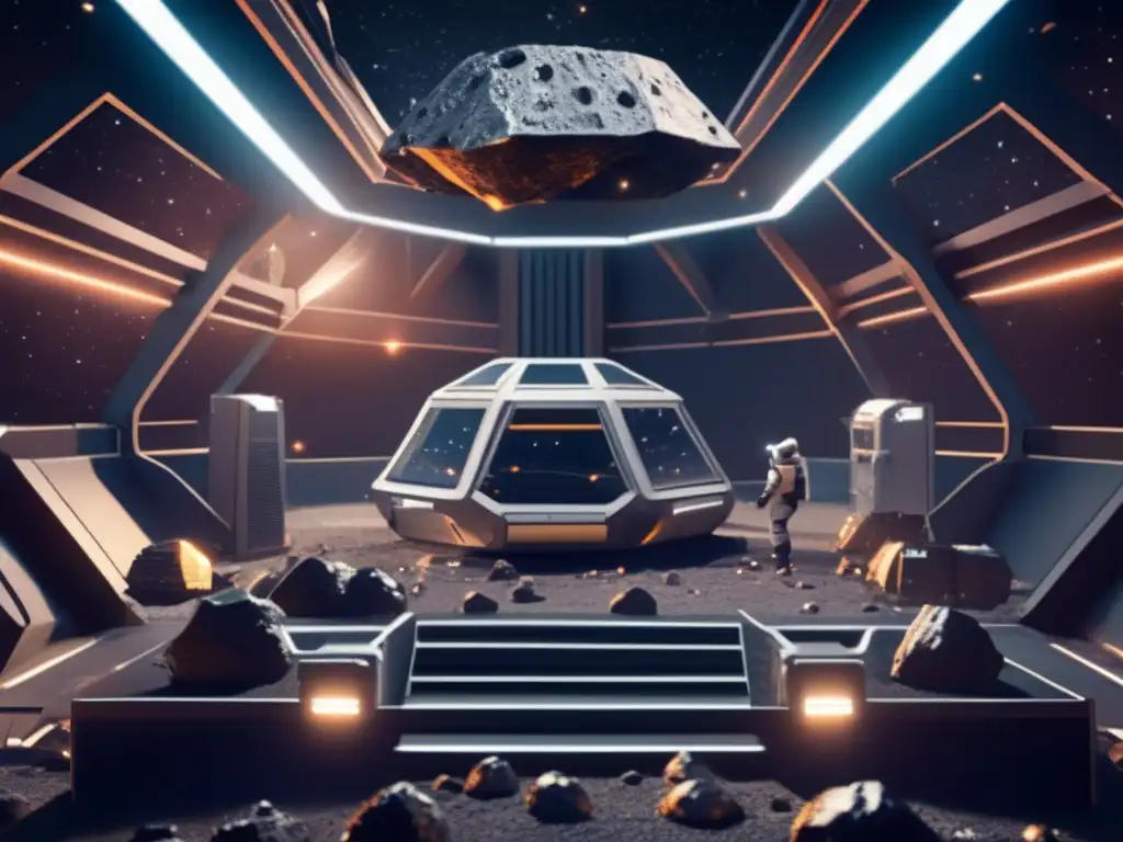 A stunning photorealistic depiction of an asteroid mining facility in space, brimming with extraction equipment and processes amidst a cluster of asteroids of varying sizes, capturing the raw strength and industrialization of space exploration